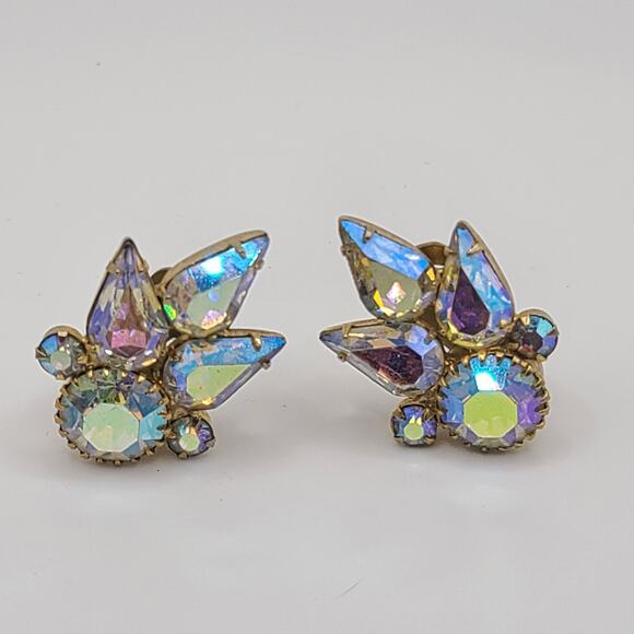 Vintage Clip on Earrings Faceted Pear and Round Shaped AB Rhinestones - Picture 1 of 6